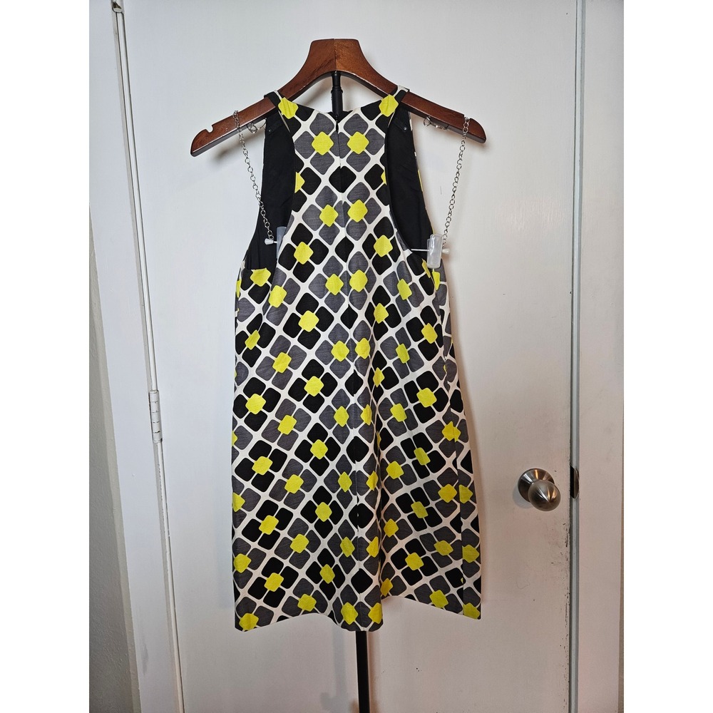 Milly Shift Mini Dress Womens Size 2 Yellow Black Geometric Silk Linen Retro 60s - Picture 3 of 8